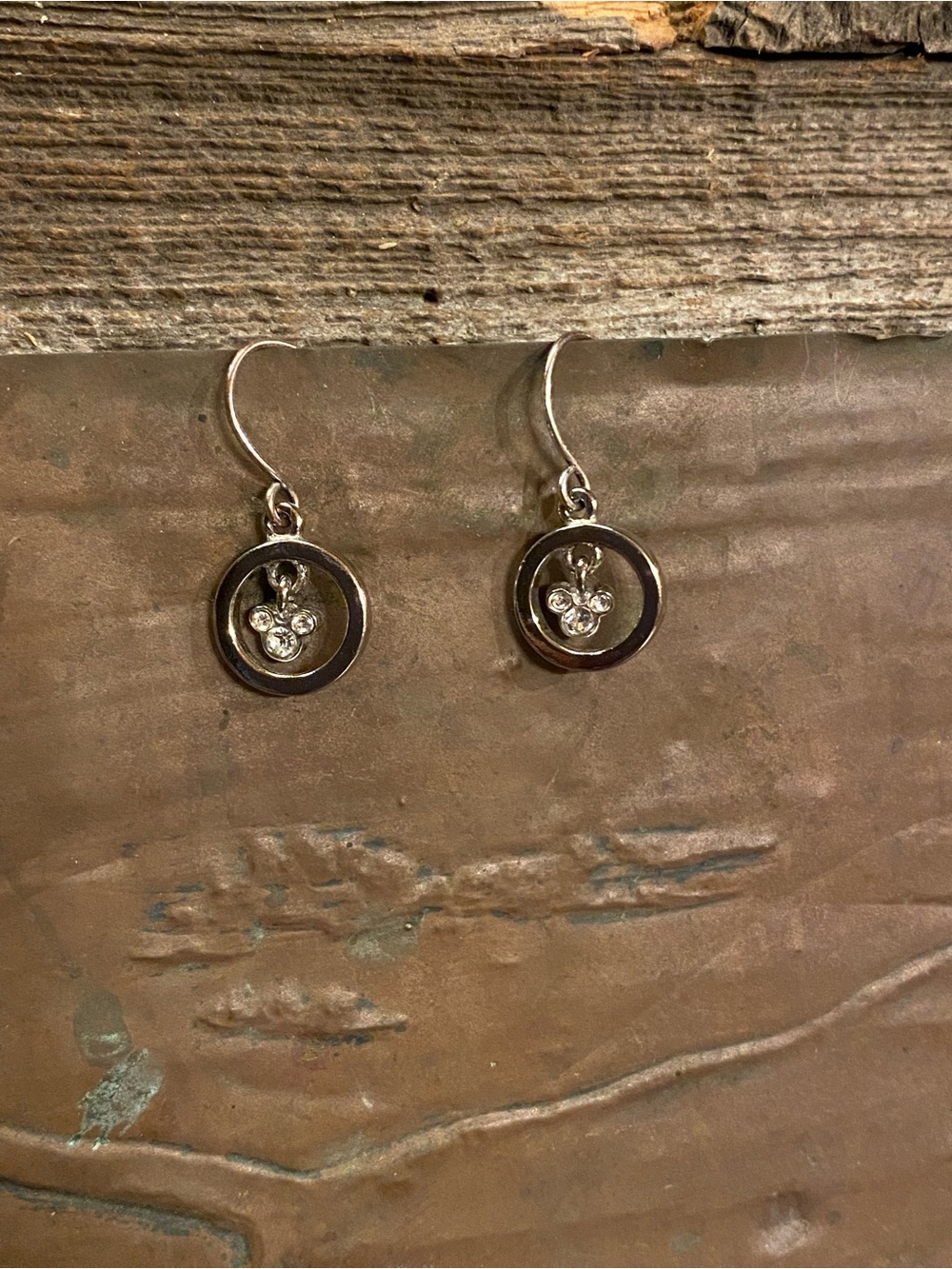 Silver Tone Circle Drop Earrings with Crystal Accent “Micky Mouse”- Silver